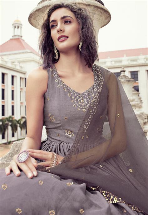 Buy Embroidered Chinon Chiffon Abaya Style Suit In Shaded Grey Online