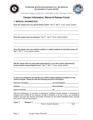 Fillable Online Camps Fit Camper Information Waiver Release Forms