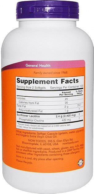 Now Foods Sunflower Lecithin 1200mg Softgels Sunflower Lecithin 1200