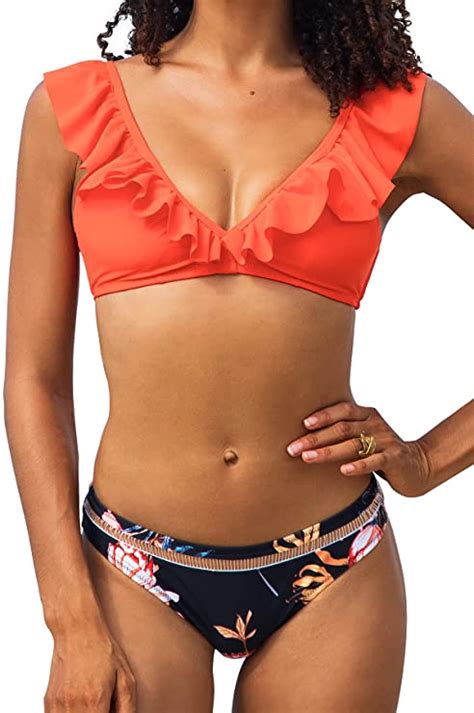 Women S Orange Floral Bottom Ruffle Hook Closure Bikini Set Wf Shopping