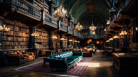 Premium AI Image | A long room decorated with lots of books and bookshelves