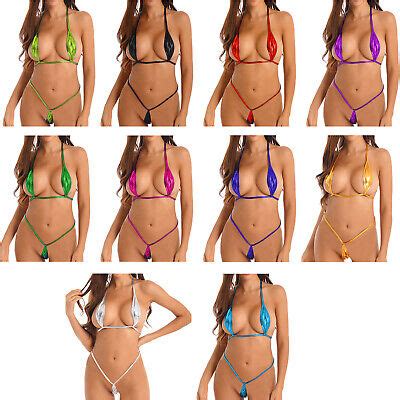 US Women Micro Bikini Lingerie Set Shiny Metallic Halter Bra With G