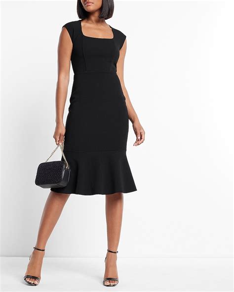 Express Square Neck Peplum Midi Sheath Dress In Pitch Black Express