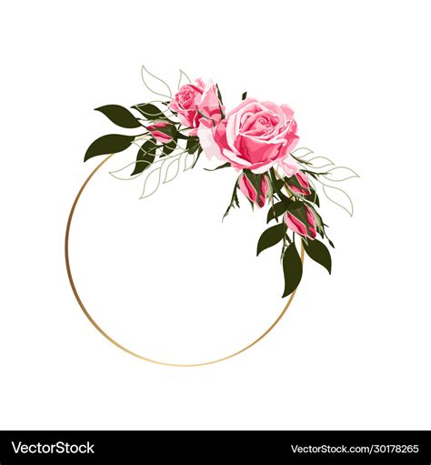 Circle Golden Frames With Pink Roses Flowers Vector Image