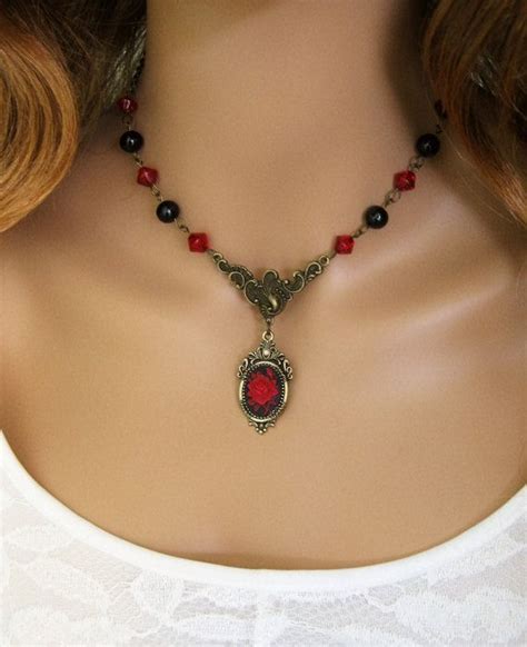 Red And Black Rose Cameo Necklace Beaded Necklace Red And Etsy