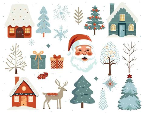 Scandi Christmas Illustration Cute Houses Trees Deer Santa Claus