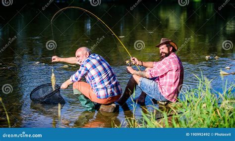 Happy Fishermen Friendship Two Male Friends Fishing Together Big Game