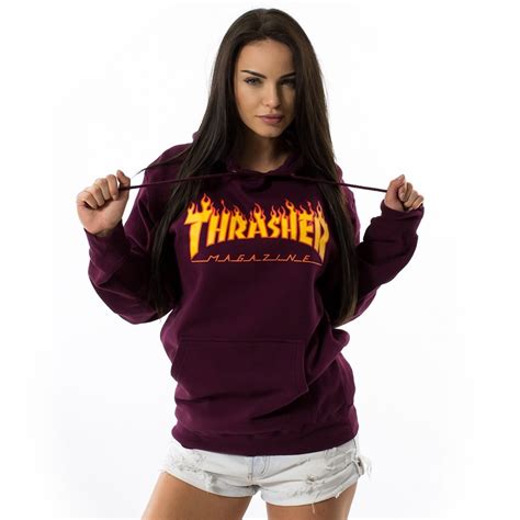 Bluza Damska Z Kapturem Thrasher Hoody Flame Logo Maroon Kobieta