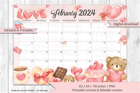 EDITABLE February 2024 Calendar Happy Valentine With Sweet Treats