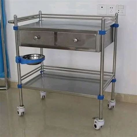 Silver And Blue Rectangular Stainless Steel Hospital Dressing Trolley