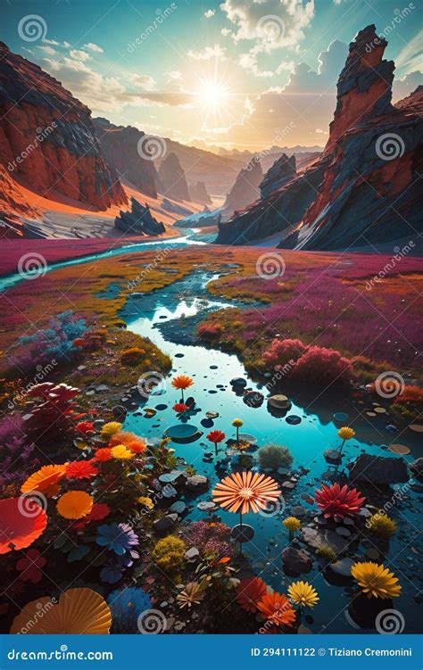 Alien Planet Landscape Mountains River And Strange Plants Generative