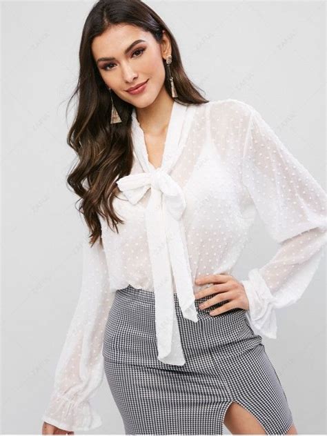 [25 Off] 2021 Zaful Swiss Dot Ruffled Cuff Chiffon Tied Sheer Blouse