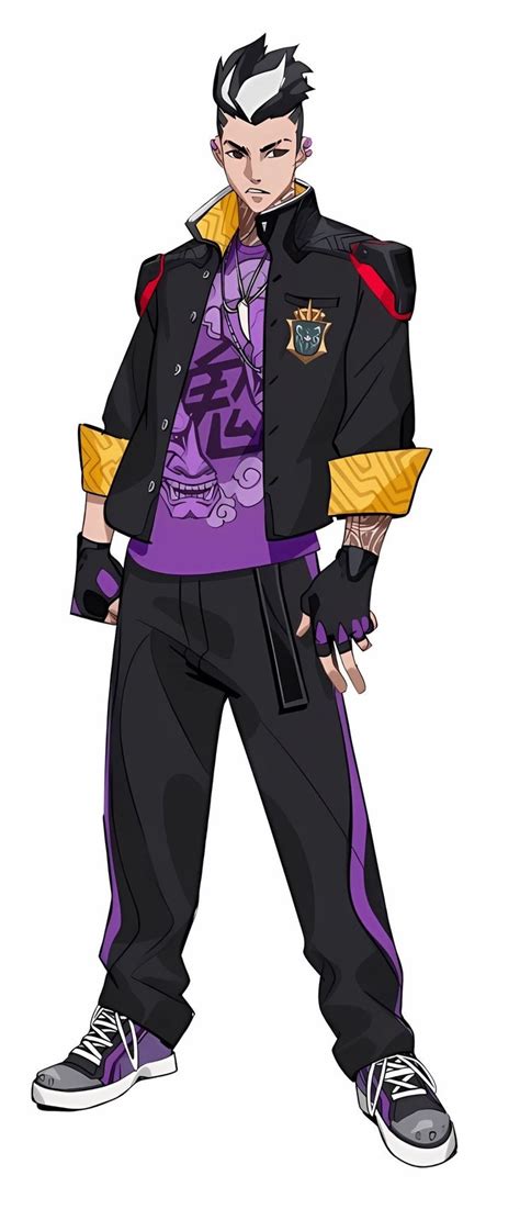 An Anime Character With Black Hair And Purple Pants Standing In Front