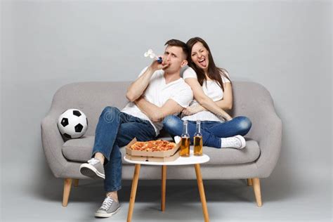 Crazy Couple Woman Man Football Fans In White T Shirt Cheer Up Support