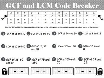 Gcf And Lcm Code Breaker Activity Free By Tentors Education Tpt