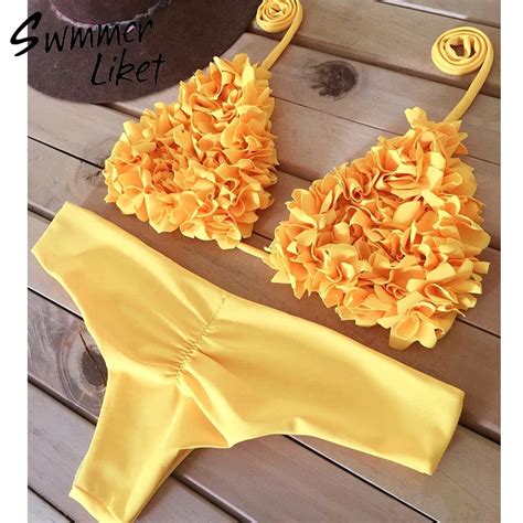 Halter Yellow Swimwear Women New Summer Swim Suit Ruffled Bikini