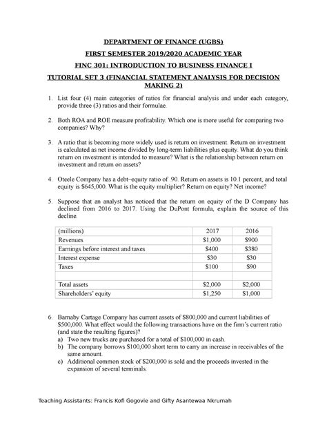 Tutorial Set 3 Department Of Finance Ugbs First Semester 20192020 Academic Year Finc 301