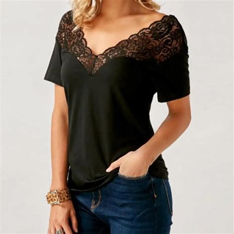 Womens Black Blouse Short Sleeve Hollow Out Chiffon Short Sleeve Splice