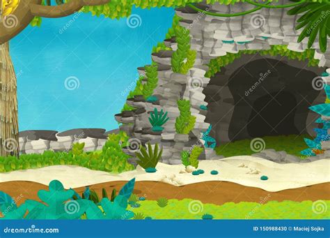 Cartoon Background With Cave In The Jungle Illustration For Children