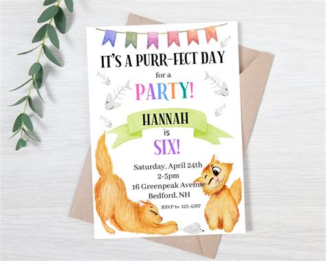 Kitten Birthday Party Invitation Editable Purr Fect Day Adopt A Kitten Cat Purple Girl