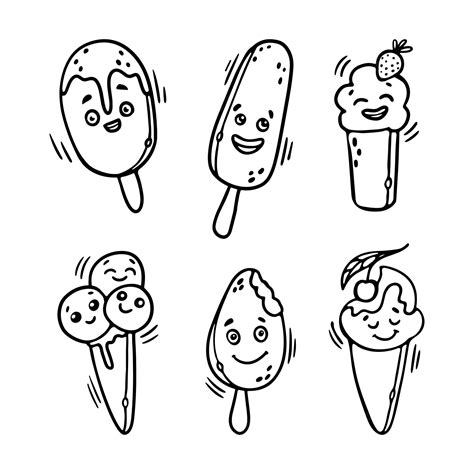 Premium Vector Kawaii Ice Cream Outline Doodle Cartoon Set Funny Character Faces For Coloring