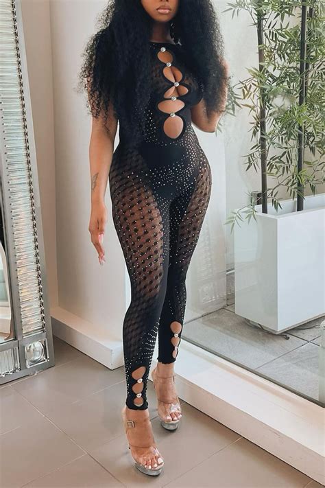 Wholesale Black Sexy Solid Hollowed Out Patchwork See Through Hot Drill