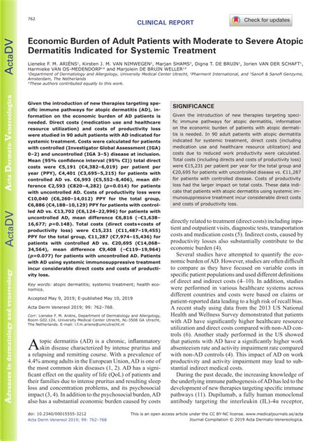 Pdf Economic Burden Of Adult Patients With Moderate To Severe Atopic Dermatitis Indicated For