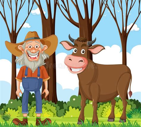 Farmer standing with a cow stock vector. Illustration of life - 307488279