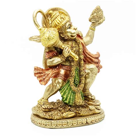 Hindu God Flying Hanuman Statue Indian Lord Gold Finish Flying