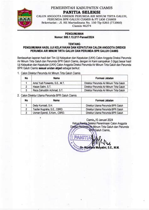 Pengumuman Hasil Uji Kelayakan Dan Kepatutan Calon Anggota Direksi