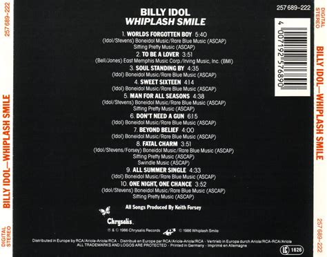 Carátula Trasera de Billy Idol Whiplash Smile Portada