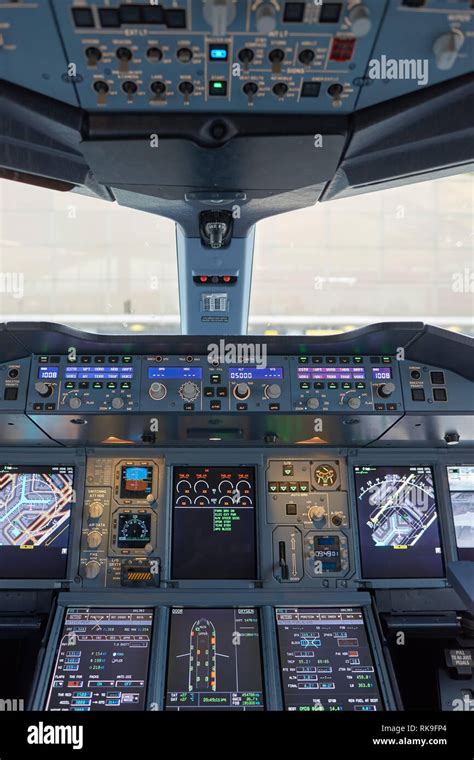 HONG KONG - MAY 12, 2016: cockpit of Emirates Airbus A380. Emirates is ...