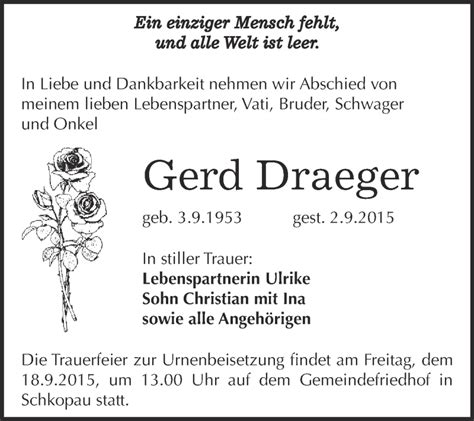 Traueranzeigen Von Gerd Draeger Abschied Nehmen De