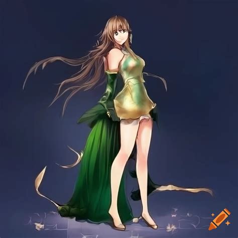 Anime Character In Green And Gold Imperial Dress In A Mystical Forest