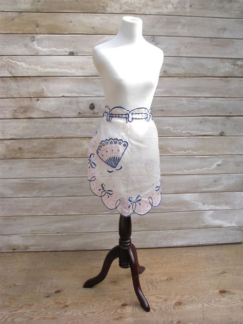 Vintage Sheer Apron White With Blue Fan Flocked Etsy