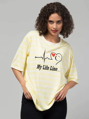 Half Sleeve Women Yellow Striped Oversized Cotton T Shirt Casual Wear