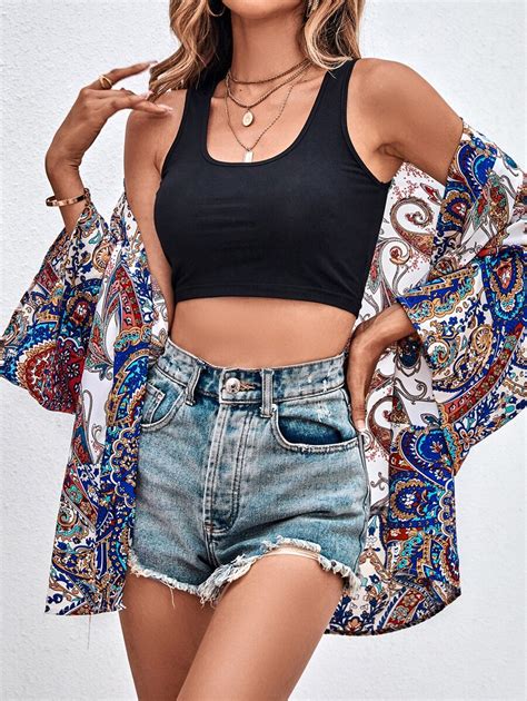 Paisley Print Batwing Sleeve Kimono Shein Usa