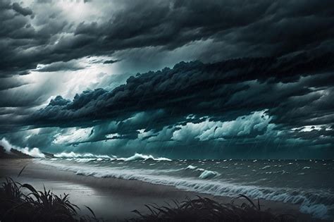 Premium Photo | A storm on the beach with a dark sky and clouds