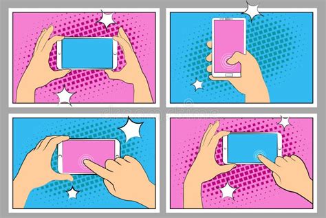 Set Comic Smartphone Phone With Halftone Shadows Hand Holding