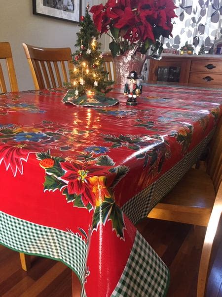 Red Vintage Christmas And Green Gingham Oilcloth Tablecloth 84 X 56