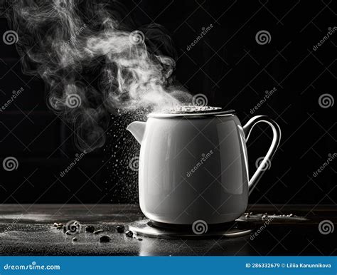 Kettle Pouring Boiling Water Into A Cup With Smoke On Wood Table