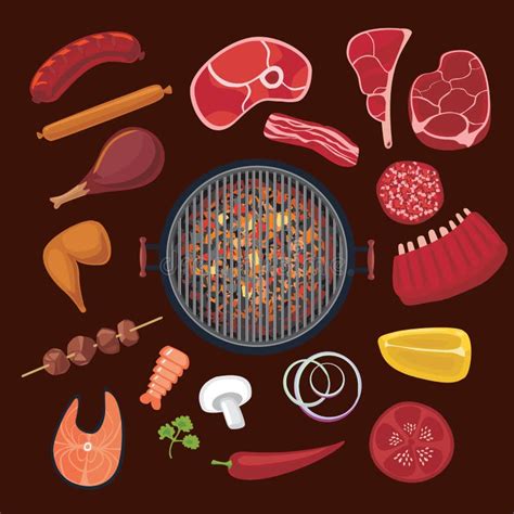 Barbecue Meat Chicken Vegetables Cartoon Flat Style Vector Illustration