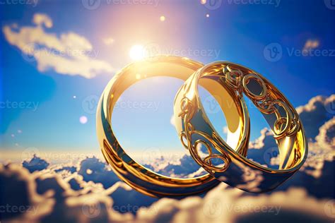 A Pair Of Gold Wedding Rings Floating In The Sky Two Wedding Rings