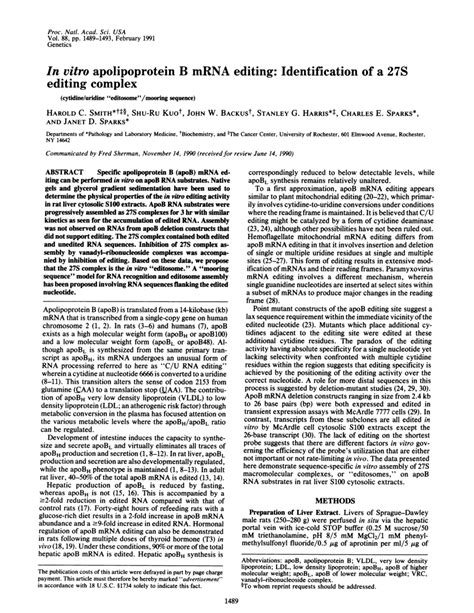 Pdf In Vitro Apolipoprotein B Mrna Editing Identification Of A 27s Editing Complex