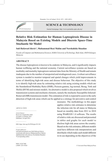 PDF Relative Risk Estimation For Human Leptospirosis Disease In