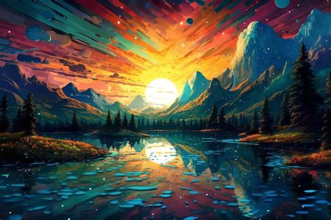 Premium AI Image | A painting of a sunset with mountains and trees in ...