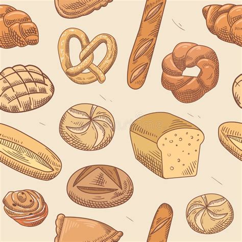 Bakery Hand Drawn Seamless Pattern Fresh Bread And Buns Background