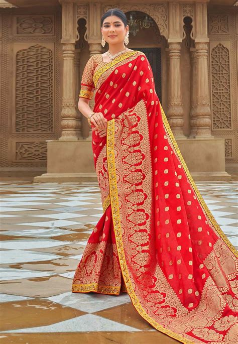 Banarasi Silk Saree With Blouse In Red Colour 5008