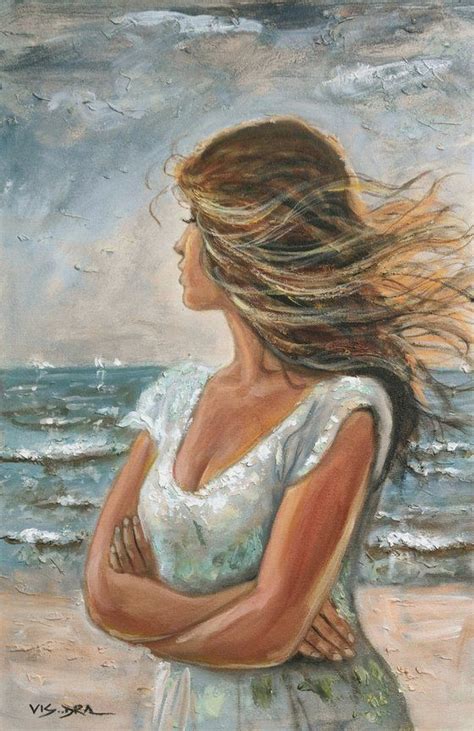 A Painting Of A Woman Standing On The Beach With Her Hair Blowing In