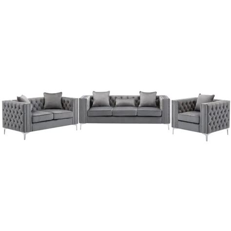 Lorreto Gray Velvet Fabric Sofa Loveseat Chair Living Room Set VigsHome